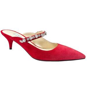 Prada Heels Womens 37.5- US 7.5 Red Suede Mules Jeweled Strap Kitten Heel
